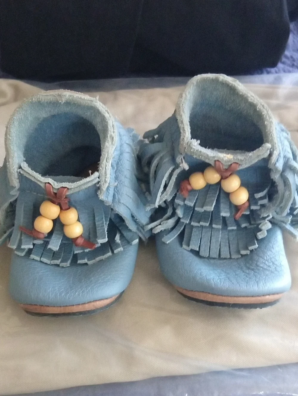 D &F Kids Blue Fringe Moccasin Shoes with Bead Detail
